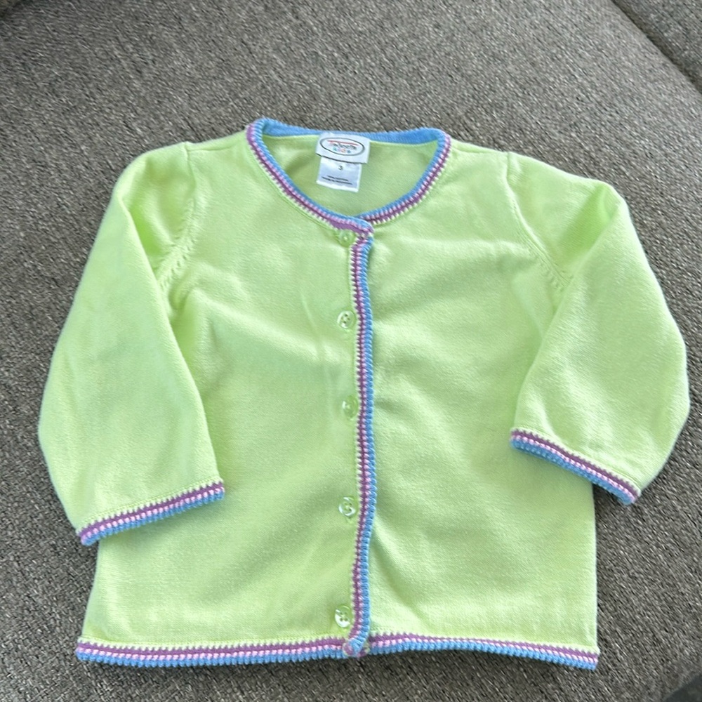 Talbots Kids Girls Green Cotton Cardigan Sweater Purple Blue Trim Size 3 💚